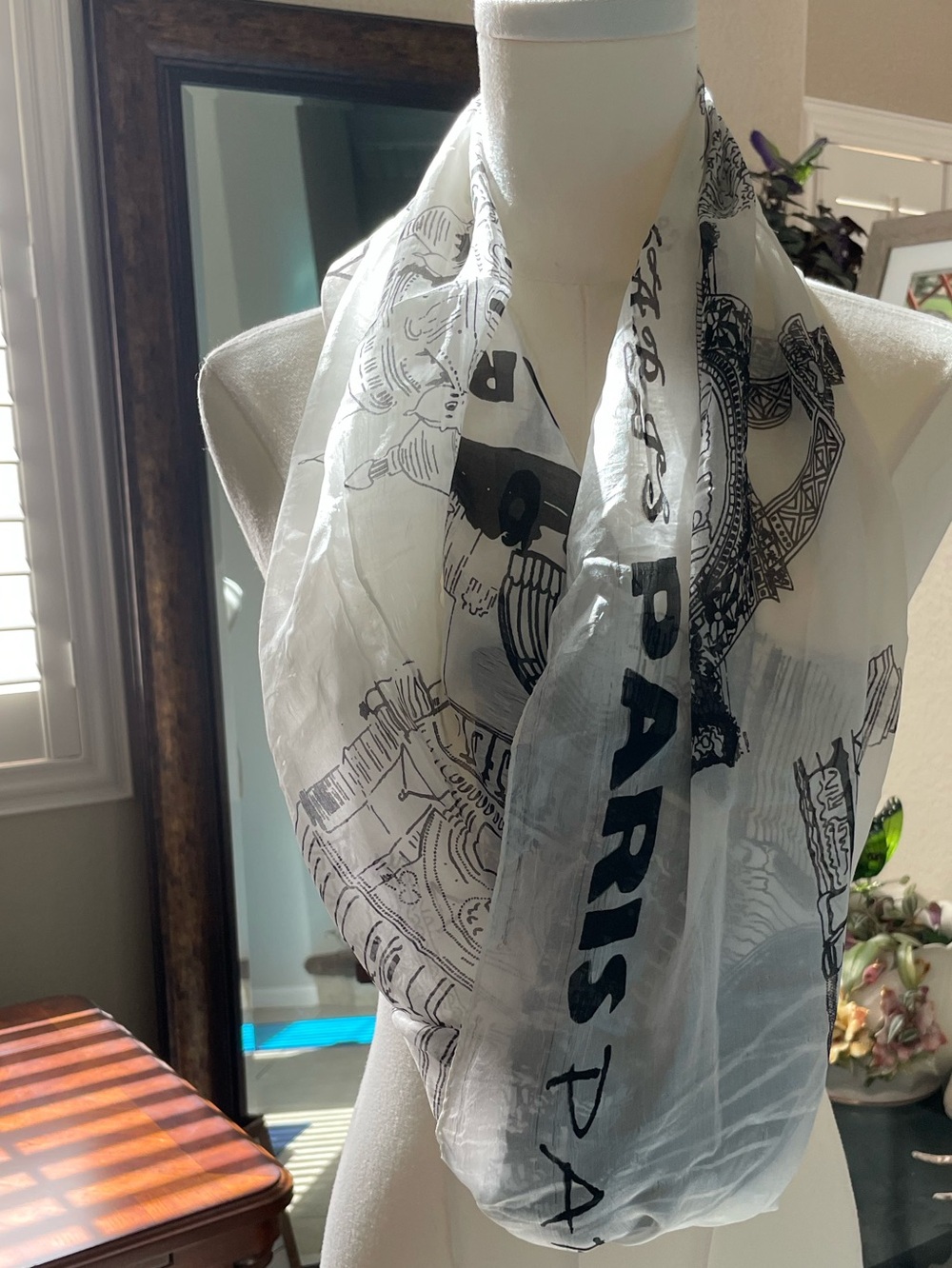 Paris 100% Silk Sheer Landmark Print Oblong Scarf Black Ivory 20x70 - Picture 5 of 14